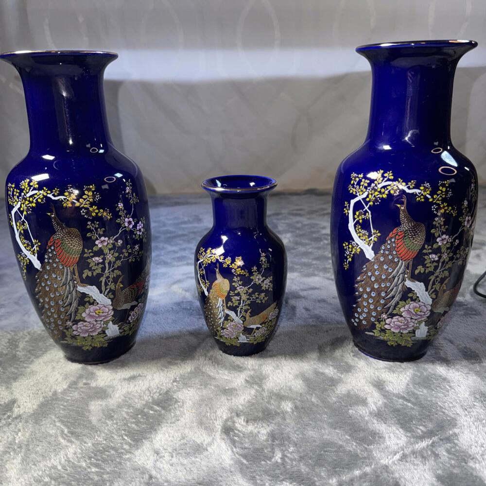 3  VTG Japan Marked Porcelain Cobalt Blue Gold Detail Pink Floral Peacock Vases